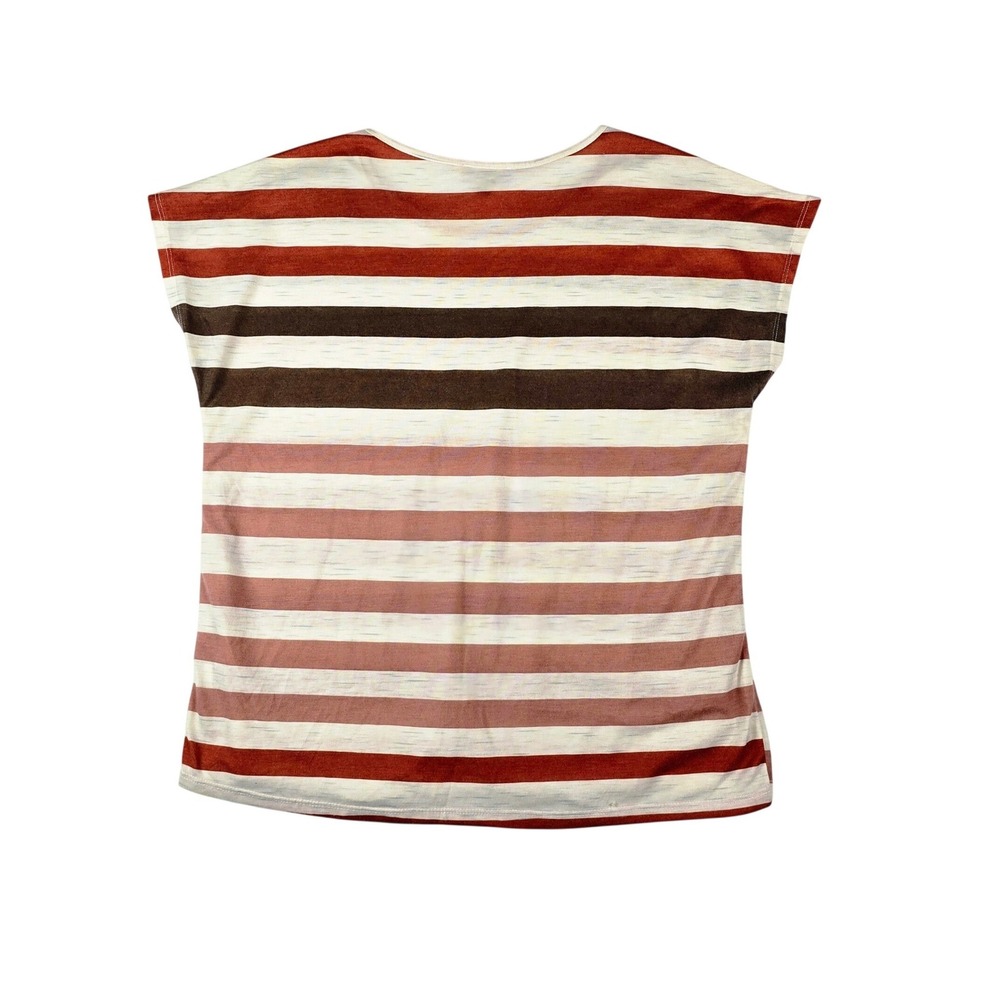 Lavish Striped Button Shoulder Knit Top Women L Brown Rust Cream Short Sleeve - Picture 2 of 7
